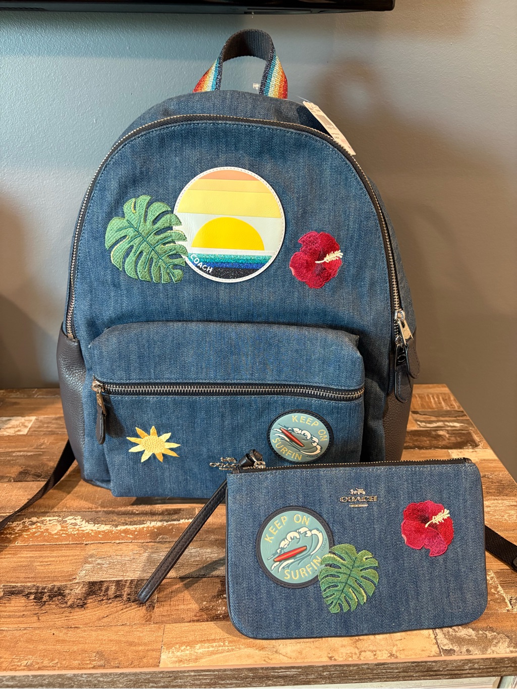Coach Hawaiian Denim Backpack & Wristlet Set -Multicolor Tropical Patch Nwt